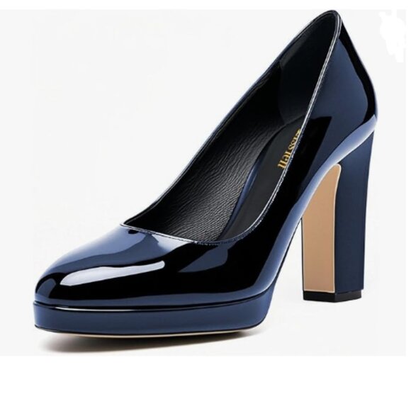 miss left Navy Platform Almond Toe Pumps Classic Slip On Chunky High Heels Shoes - Picture 1 of 8